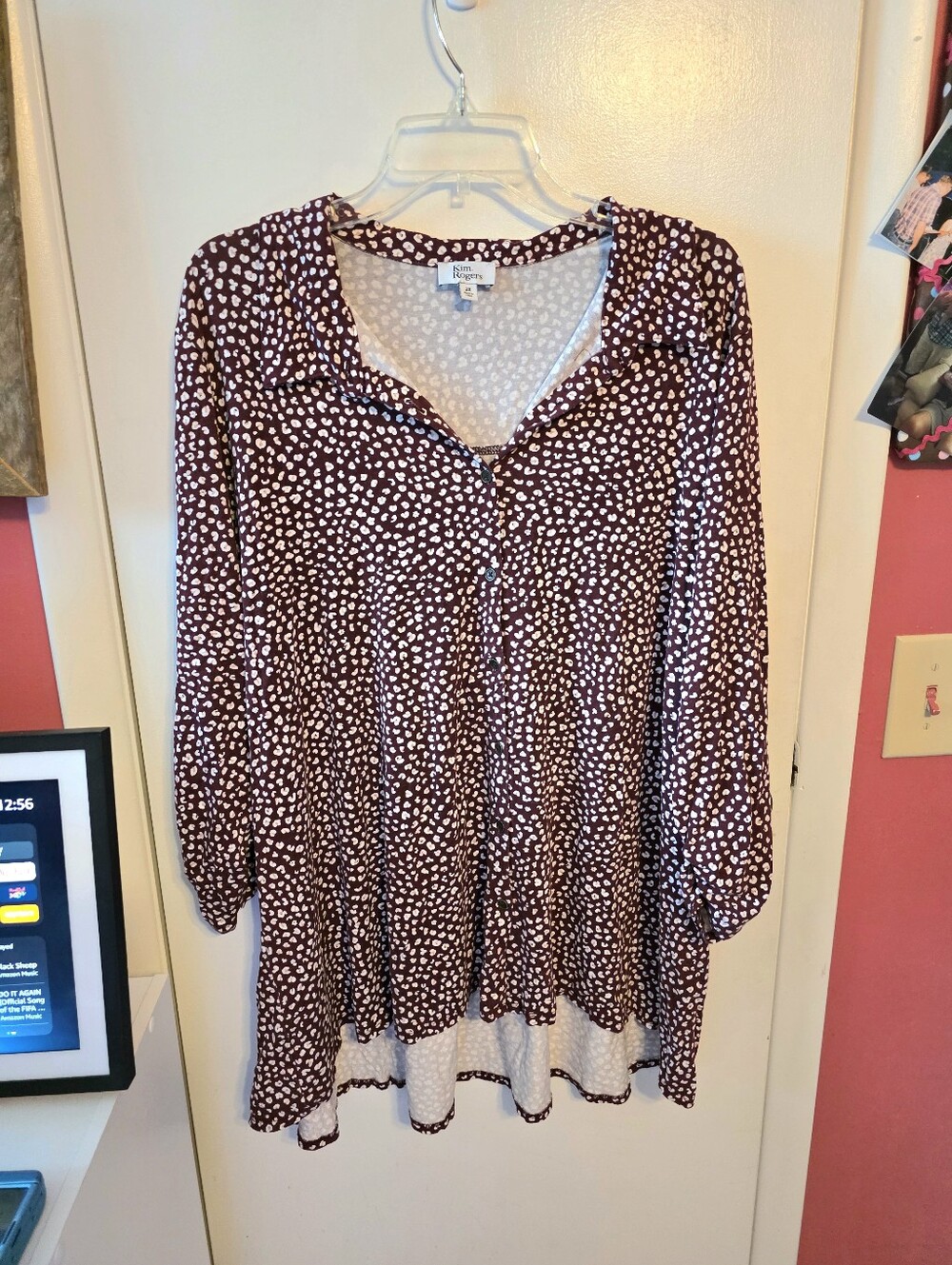 Kim Rogers Women's 2X Burgundy Animal Print Button Front Tunic Top Plus Size